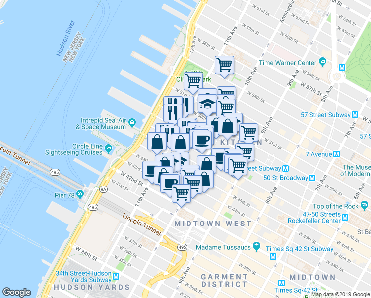 map of restaurants, bars, coffee shops, grocery stores, and more near 546 West 48th Street in New York