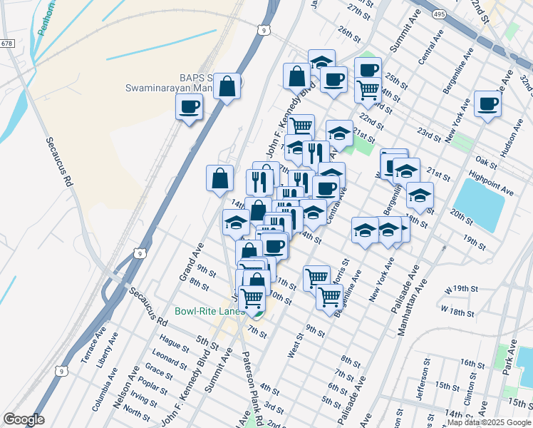 map of restaurants, bars, coffee shops, grocery stores, and more near 1445 John F. Kennedy Boulevard in North Bergen