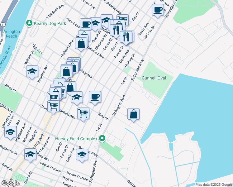 map of restaurants, bars, coffee shops, grocery stores, and more near 312 Hickory Street in Kearny
