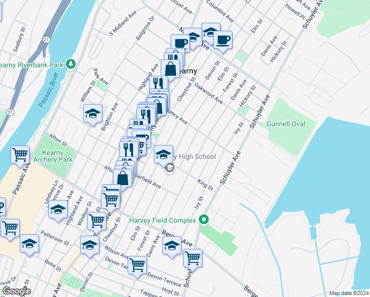 map of restaurants, bars, coffee shops, grocery stores, and more near 301 Forest Street in Kearny