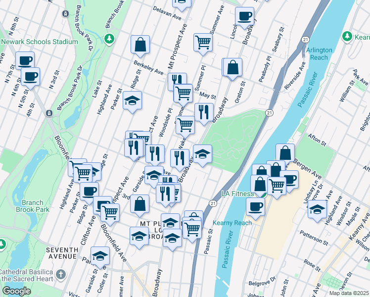 map of restaurants, bars, coffee shops, grocery stores, and more near 69 Wakeman Avenue in Newark