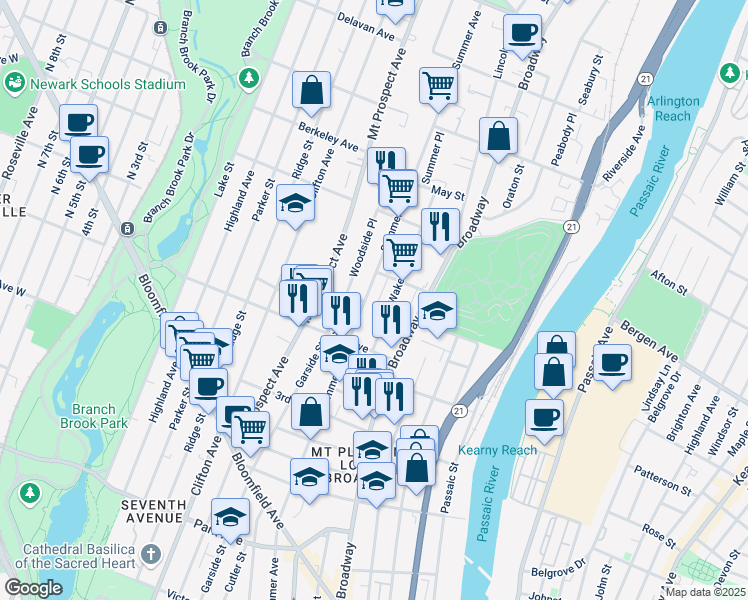 map of restaurants, bars, coffee shops, grocery stores, and more near 357 Summer Avenue in Newark