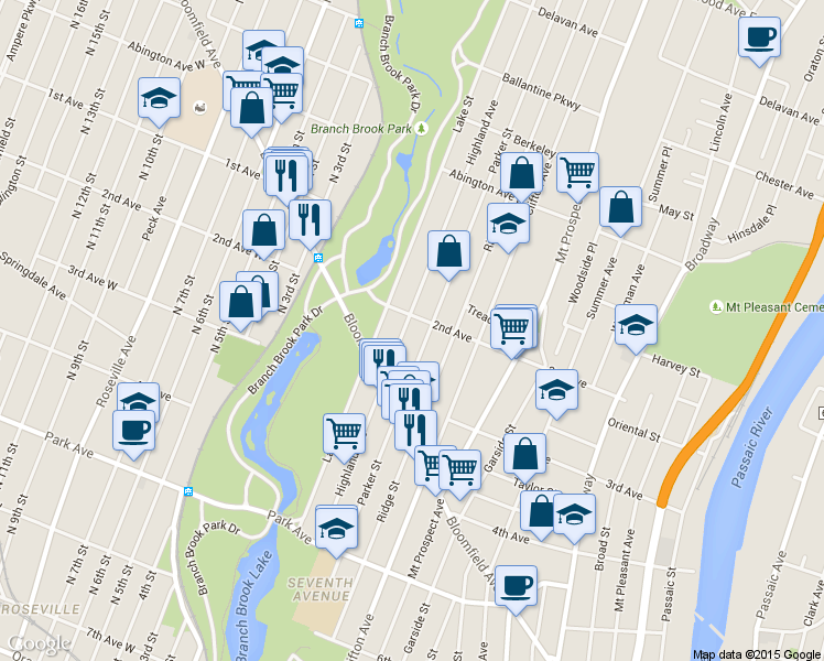 map of restaurants, bars, coffee shops, grocery stores, and more near 222-224 Highland Avenue in Newark