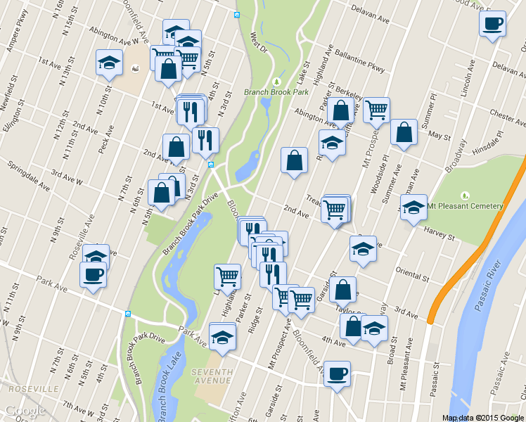 map of restaurants, bars, coffee shops, grocery stores, and more near 222-224 Highland Avenue in Newark