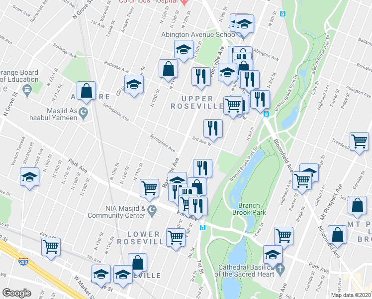 map of restaurants, bars, coffee shops, grocery stores, and more near 384-386 Roseville Avenue in Newark