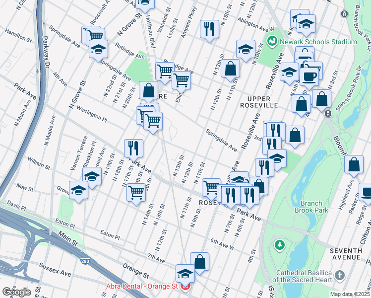 map of restaurants, bars, coffee shops, grocery stores, and more near 200-238 North 12th Street in Newark