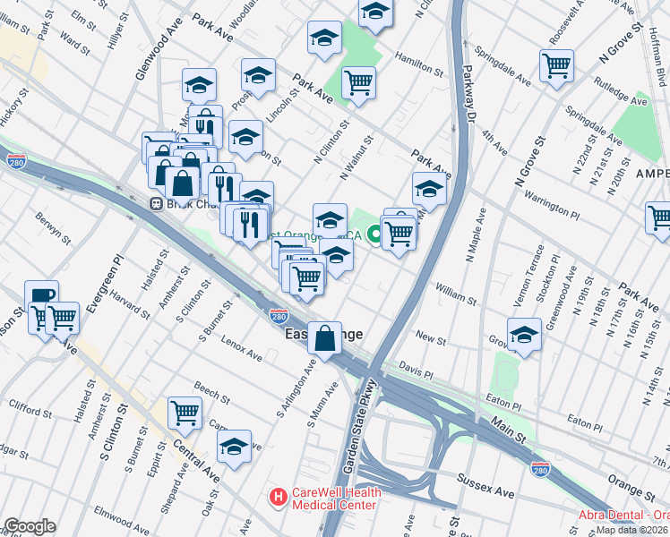 map of restaurants, bars, coffee shops, grocery stores, and more near 35 Winans Street in East Orange
