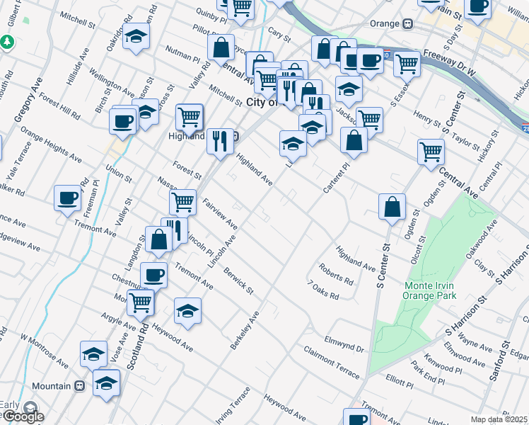 map of restaurants, bars, coffee shops, grocery stores, and more near 421 Lincoln Avenue in City of Orange
