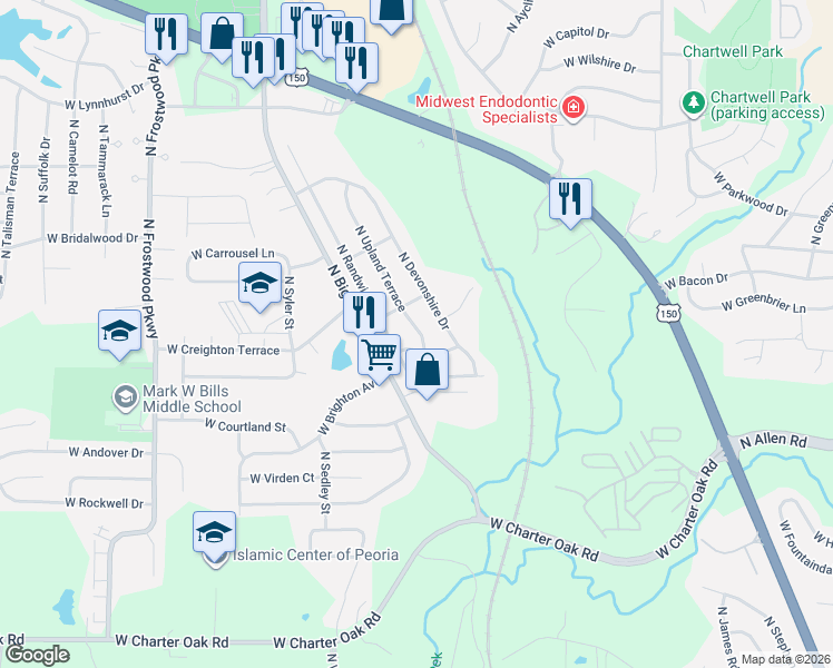 map of restaurants, bars, coffee shops, grocery stores, and more near 6209 North Devonshire Drive in Peoria