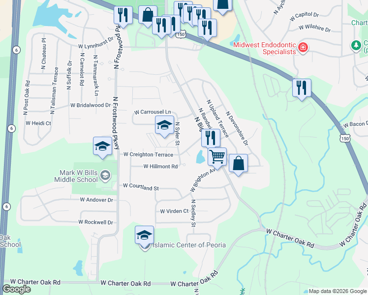 map of restaurants, bars, coffee shops, grocery stores, and more near 3921 West Creighton Terrace in Peoria