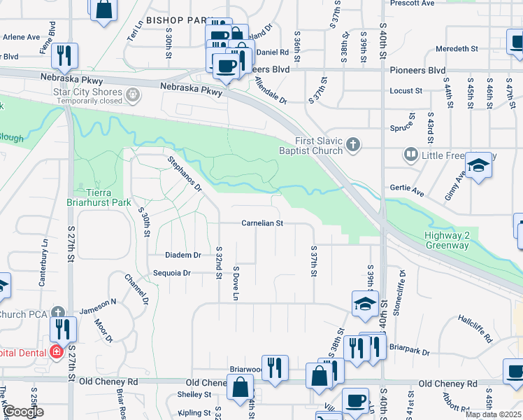 map of restaurants, bars, coffee shops, grocery stores, and more near 3310 Serenity Circle in Lincoln
