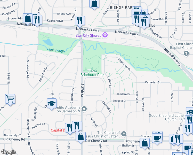map of restaurants, bars, coffee shops, grocery stores, and more near 4941 South 30th Street in Lincoln