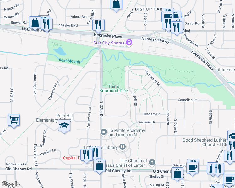 map of restaurants, bars, coffee shops, grocery stores, and more near 2617 Tierra Drive in Lincoln