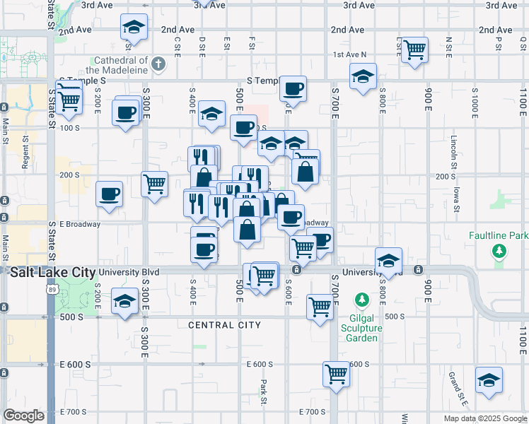 map of restaurants, bars, coffee shops, grocery stores, and more near 556 East 300 South in Salt Lake City