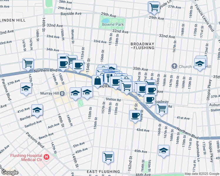 map of restaurants, bars, coffee shops, grocery stores, and more near 35-50 158th Street in Queens