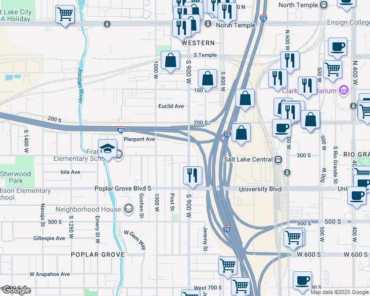 map of restaurants, bars, coffee shops, grocery stores, and more near 266 South 900 West in Salt Lake City