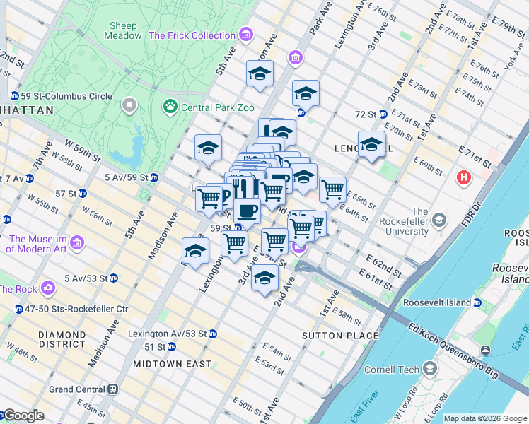 map of restaurants, bars, coffee shops, grocery stores, and more near in New York