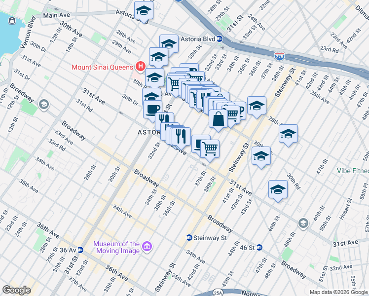 map of restaurants, bars, coffee shops, grocery stores, and more near 30-65 34th Street in Queens