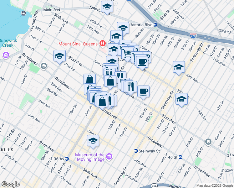 map of restaurants, bars, coffee shops, grocery stores, and more near 31-17 32nd Street in Queens