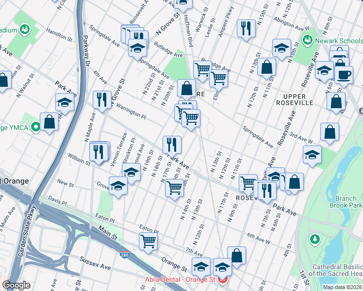 map of restaurants, bars, coffee shops, grocery stores, and more near 174 North 18th Street in East Orange