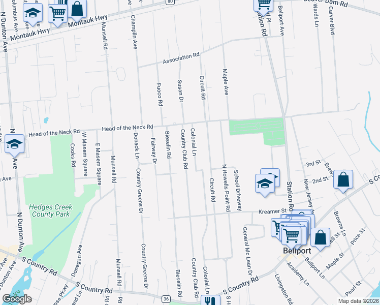 map of restaurants, bars, coffee shops, grocery stores, and more near 67 Colonial Lane in Bellport