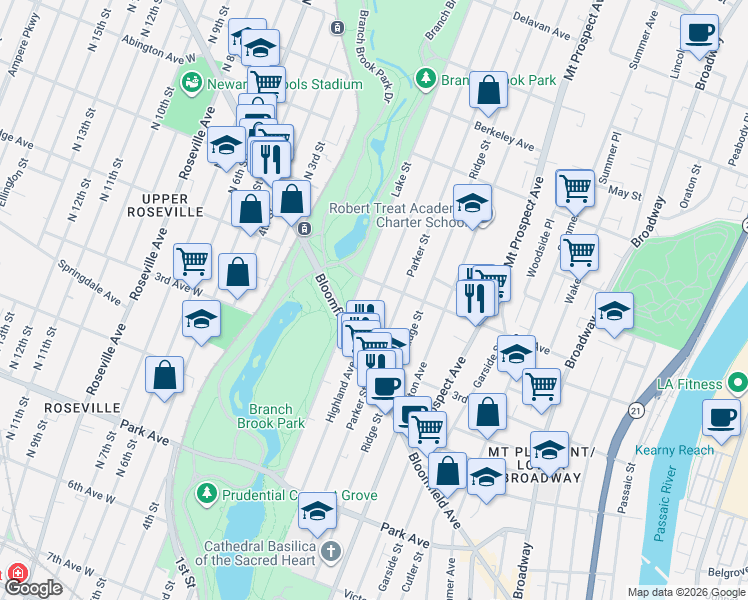 map of restaurants, bars, coffee shops, grocery stores, and more near 222-224 Highland Avenue in Newark