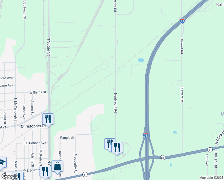 map of restaurants, bars, coffee shops, grocery stores, and more near 1391 Neubrecht Road in Lima