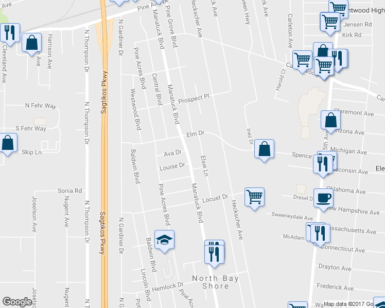 map of restaurants, bars, coffee shops, grocery stores, and more near 1667 Manatuck Boulevard in Bay Shore