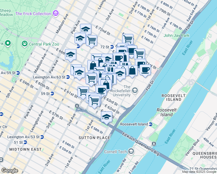 map of restaurants, bars, coffee shops, grocery stores, and more near 360 East 65th Street in New York