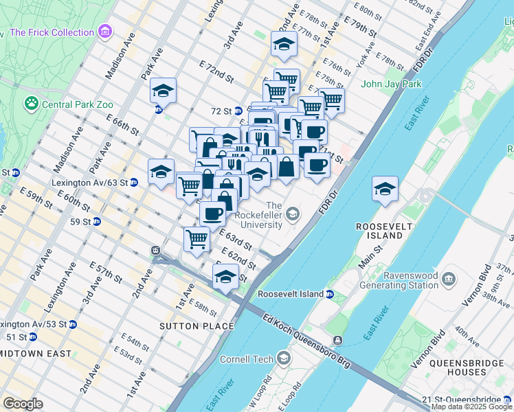 map of restaurants, bars, coffee shops, grocery stores, and more near 420 East 66th Street in New York