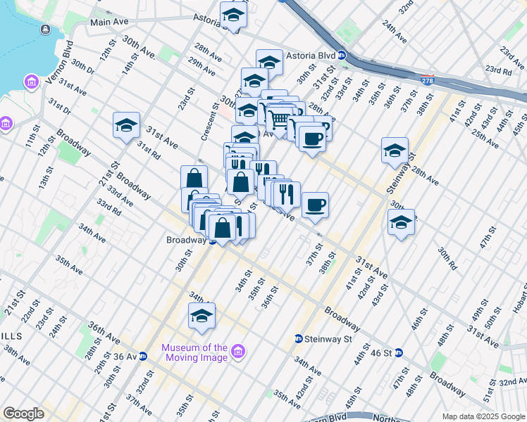 map of restaurants, bars, coffee shops, grocery stores, and more near 31-12 33rd Street in Queens