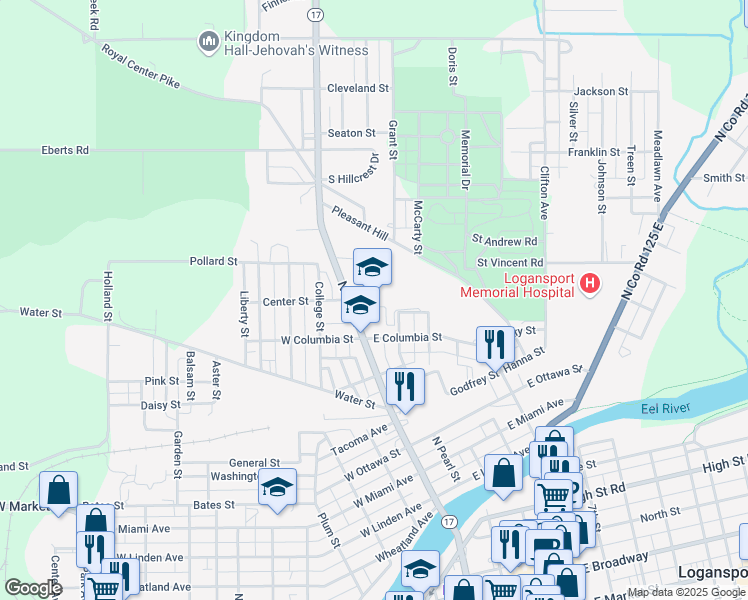 map of restaurants, bars, coffee shops, grocery stores, and more near 20 East Columbia Street in Logansport