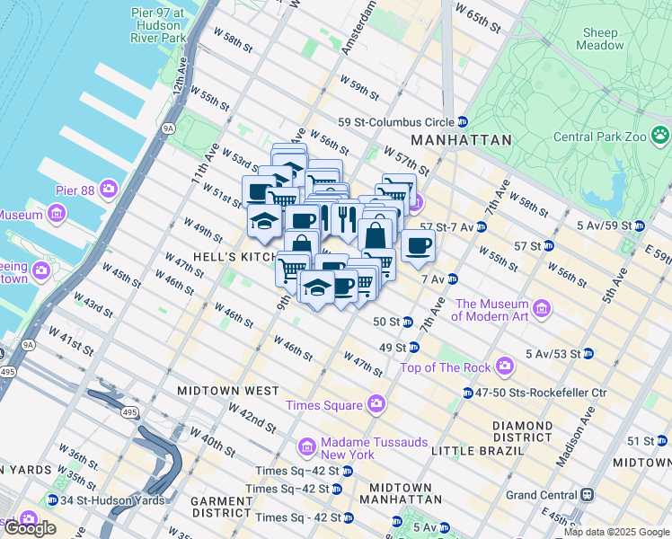 map of restaurants, bars, coffee shops, grocery stores, and more near 360 West 52nd Street in New York