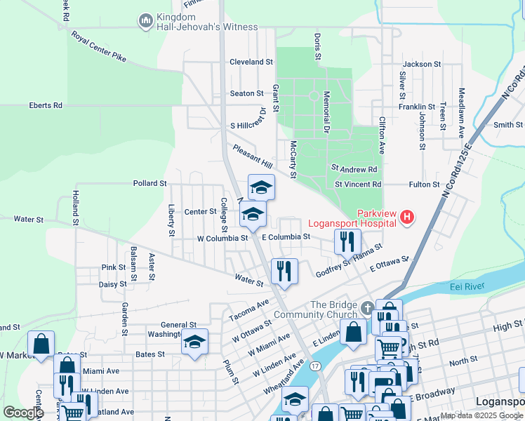 map of restaurants, bars, coffee shops, grocery stores, and more near 20 East Columbia Street in Logansport