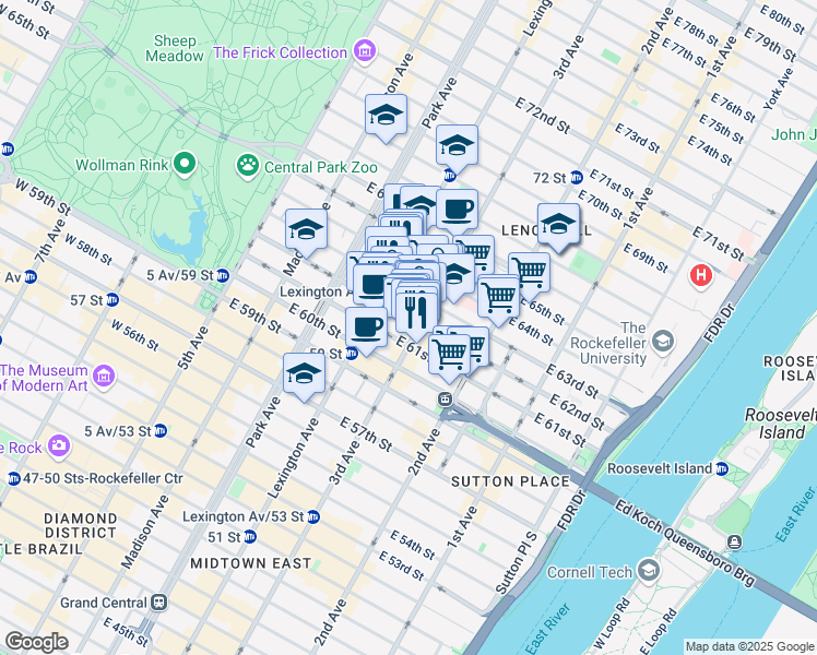 map of restaurants, bars, coffee shops, grocery stores, and more near 160 East 62nd Street in New York