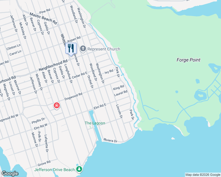 map of restaurants, bars, coffee shops, grocery stores, and more near 10 Dogwood Road in Mastic Beach