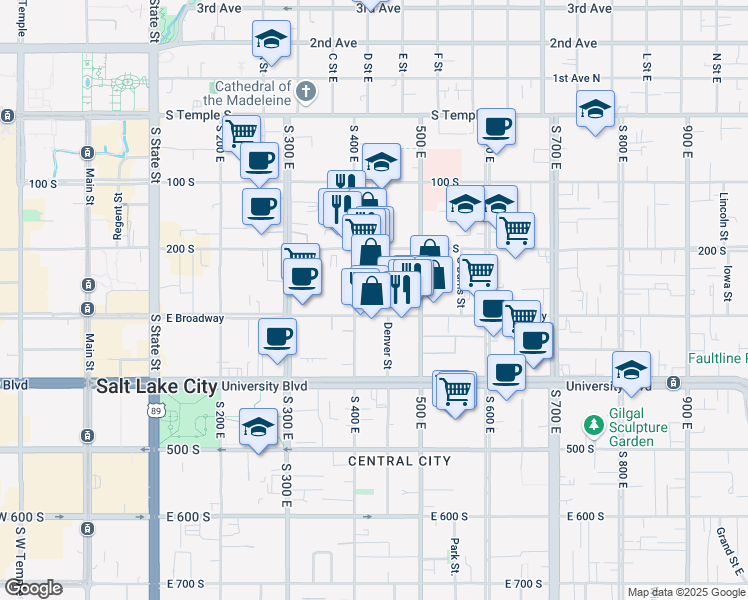map of restaurants, bars, coffee shops, grocery stores, and more near 417 East 300 South in Salt Lake City