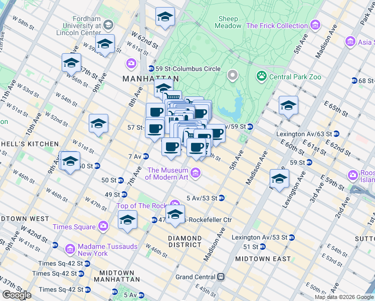 map of restaurants, bars, coffee shops, grocery stores, and more near 101 West 55th Street in New York