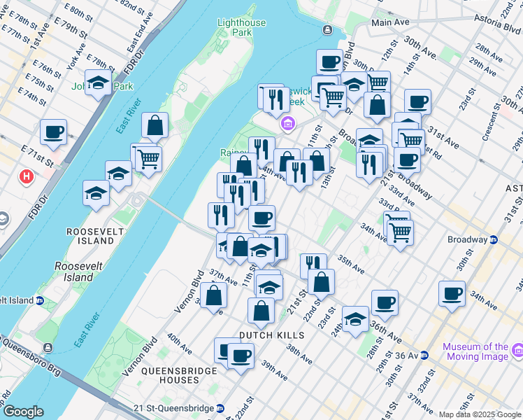 map of restaurants, bars, coffee shops, grocery stores, and more near 34-36 10th Street in Queens