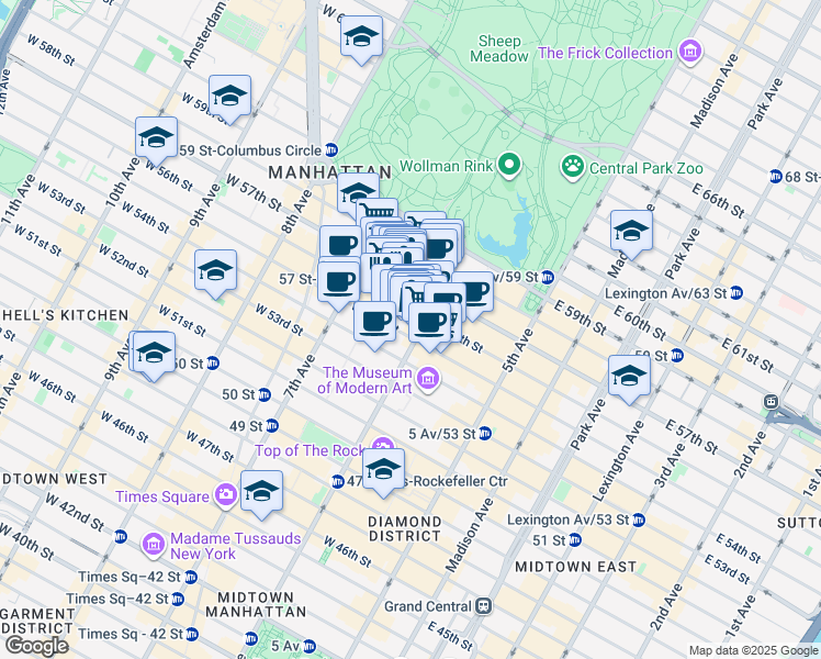 map of restaurants, bars, coffee shops, grocery stores, and more near 101 West 55th Street in New York