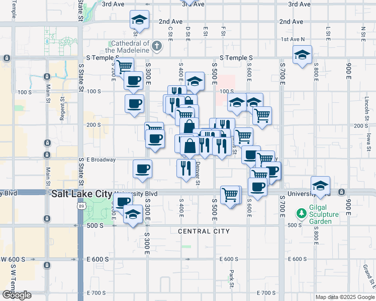 map of restaurants, bars, coffee shops, grocery stores, and more near 417 East 300 South in Salt Lake City