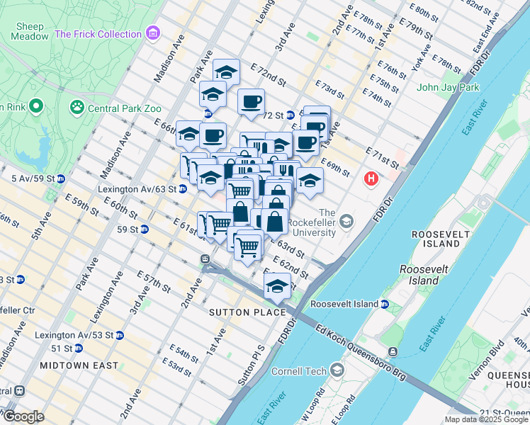 map of restaurants, bars, coffee shops, grocery stores, and more near 327 East 64th Street in New York