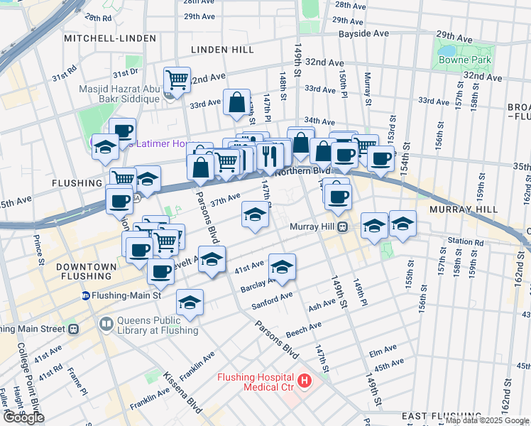 map of restaurants, bars, coffee shops, grocery stores, and more near 37-16 147th Street in Queens