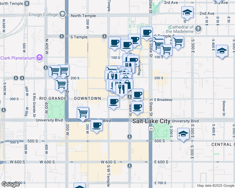 map of restaurants, bars, coffee shops, grocery stores, and more near 44 West Broadway in Salt Lake City