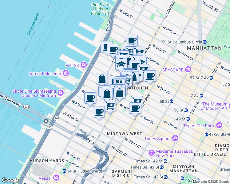 map of restaurants, bars, coffee shops, grocery stores, and more near 515 West 47th Street in New York