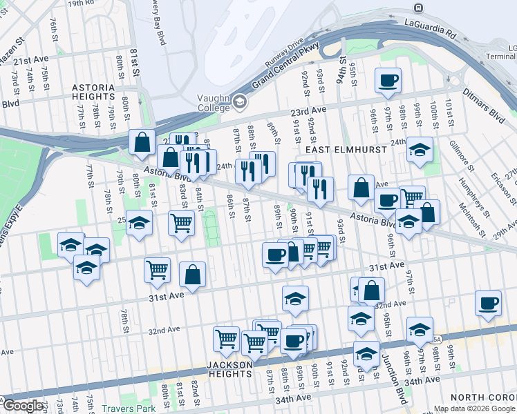 map of restaurants, bars, coffee shops, grocery stores, and more near 88-20 Astoria Boulevard in Queens