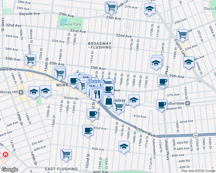 map of restaurants, bars, coffee shops, grocery stores, and more near 35-47 164th Street in Queens