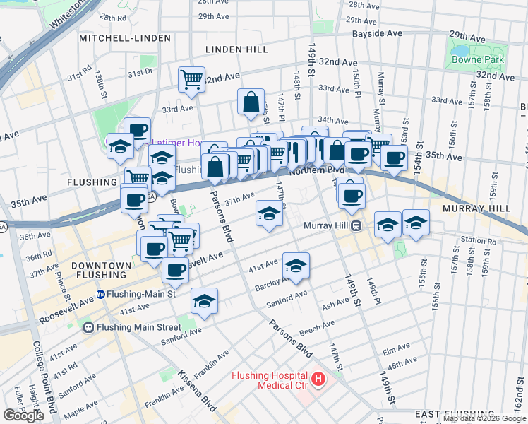 map of restaurants, bars, coffee shops, grocery stores, and more near 37-16 147th Street in Queens
