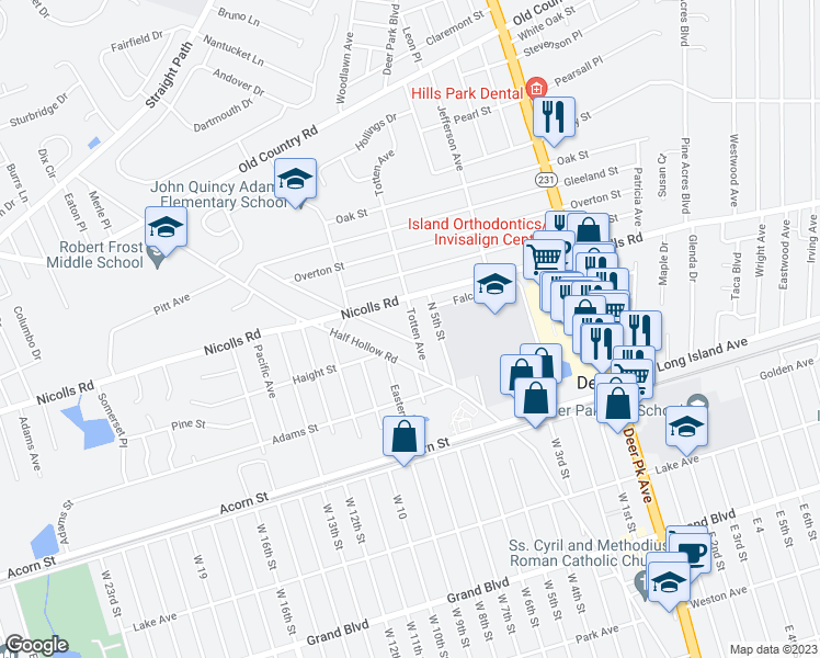 map of restaurants, bars, coffee shops, grocery stores, and more near 36 Totten Avenue in Deer Park