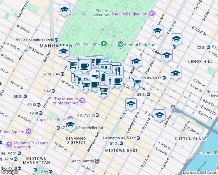 map of restaurants, bars, coffee shops, grocery stores, and more near 750 5th Avenue in New York
